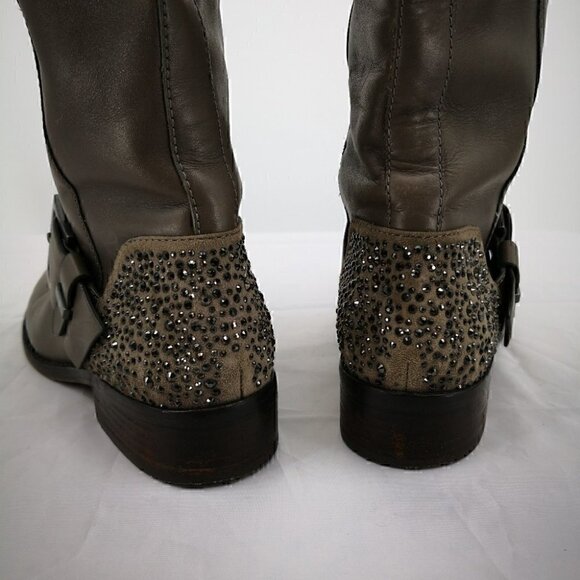 Brian Atwood Women’s 6.5 Gray Leather Riding Boot Silver Tone Bling Buck… - Picture 3 of 7